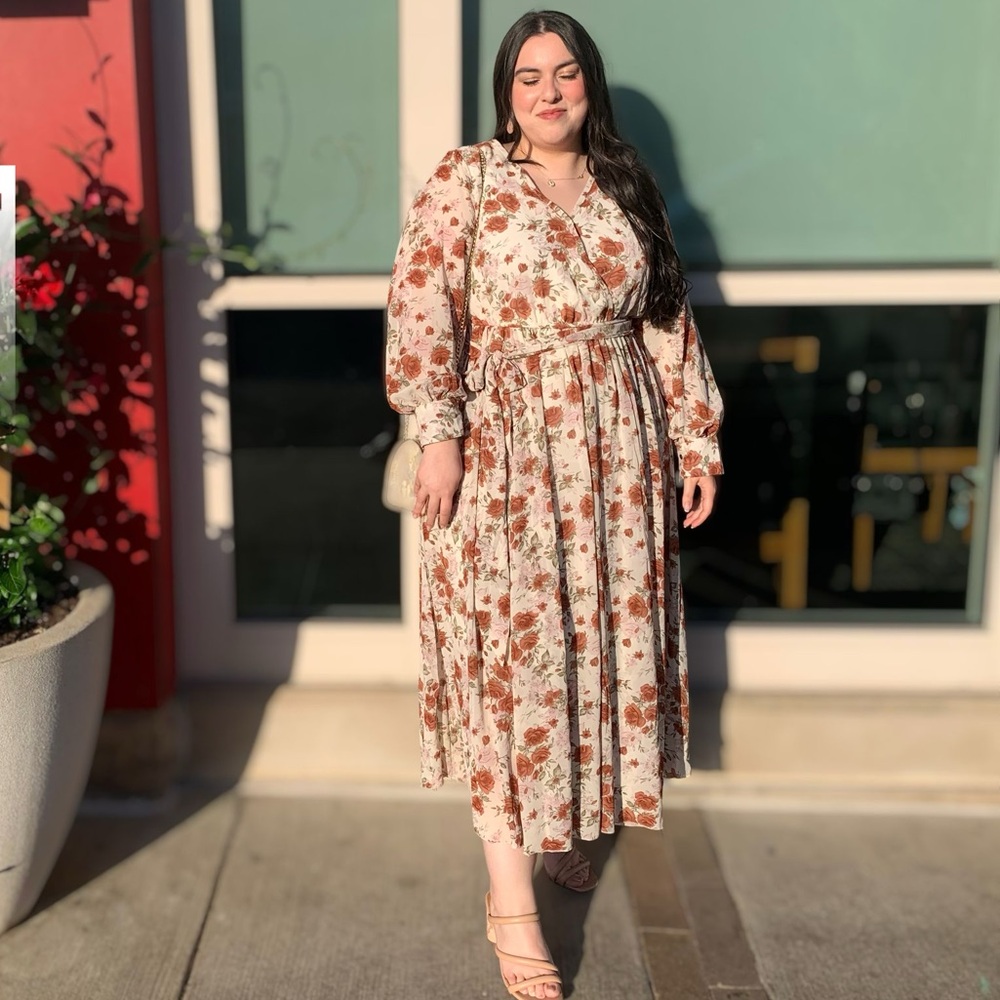 INDIGO SOUL Floral V-Neck Long Sleeve Maxi Dress WMNS XL W/ Matching Belt BOHO